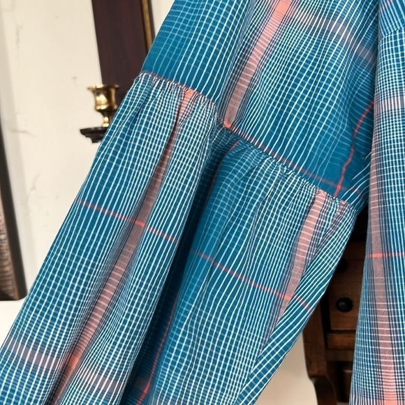 CATO Turquoise/Coral/White Eyelet Detail Pin Striped Blouse, Size 18/20W, EUC. - Picture 5 of 8